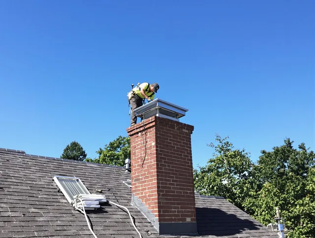 Trumbull Center Chimney Sweep technician measuring a chimney cap in Trumbull Center, CT