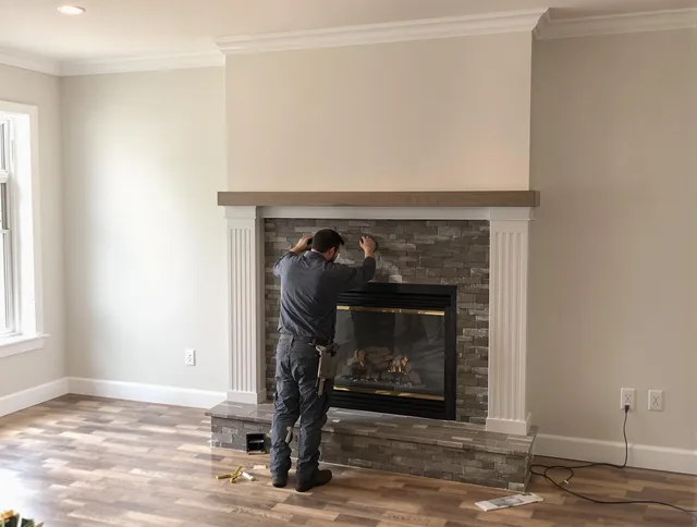Trumbull Center Chimney Sweep finishing a custom fireplace install in Trumbull Center, CT